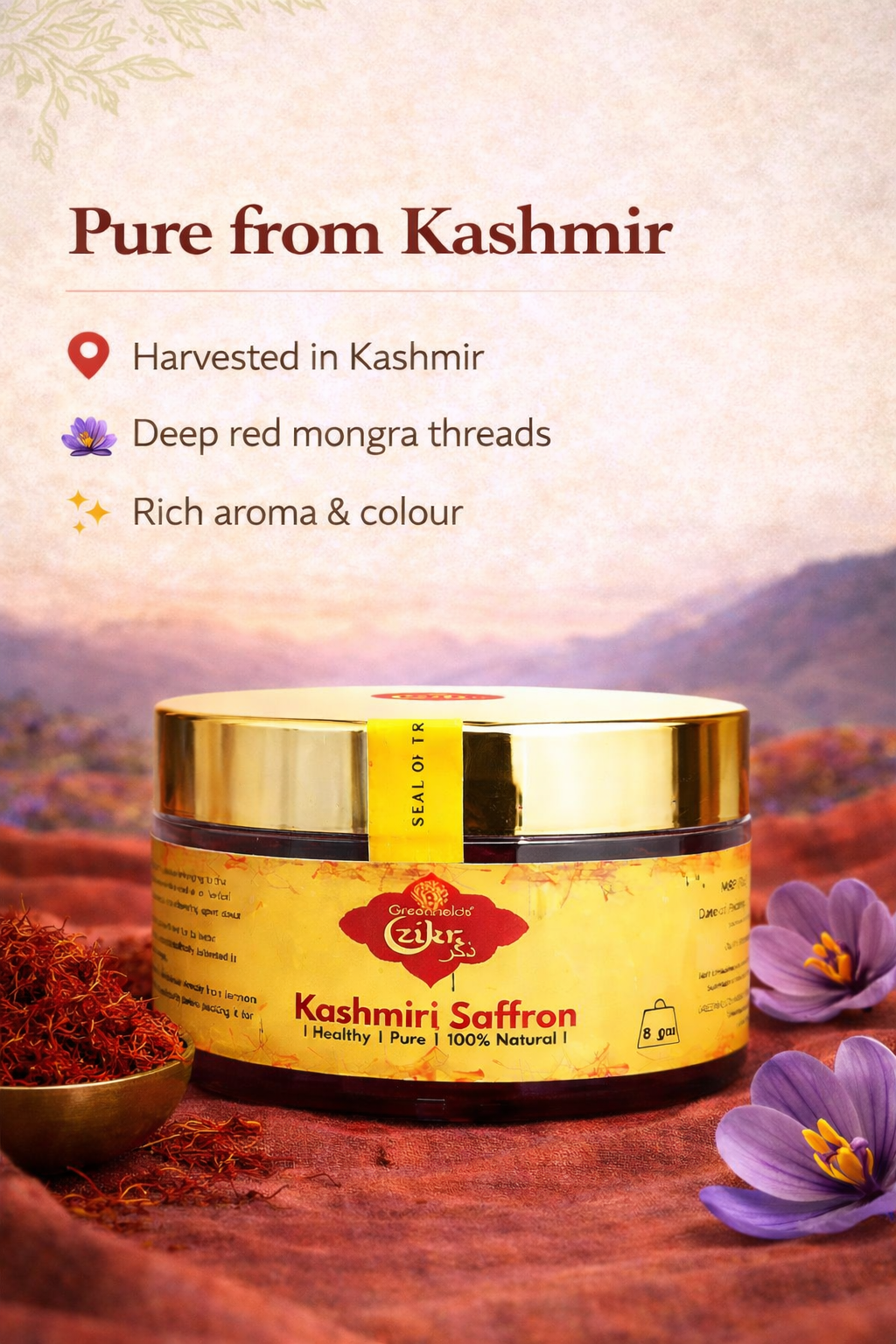 Zikr Kashmiri Saffron, 5gm, Pure and Natural, Premium Grade, Procured and packed in Kashmir