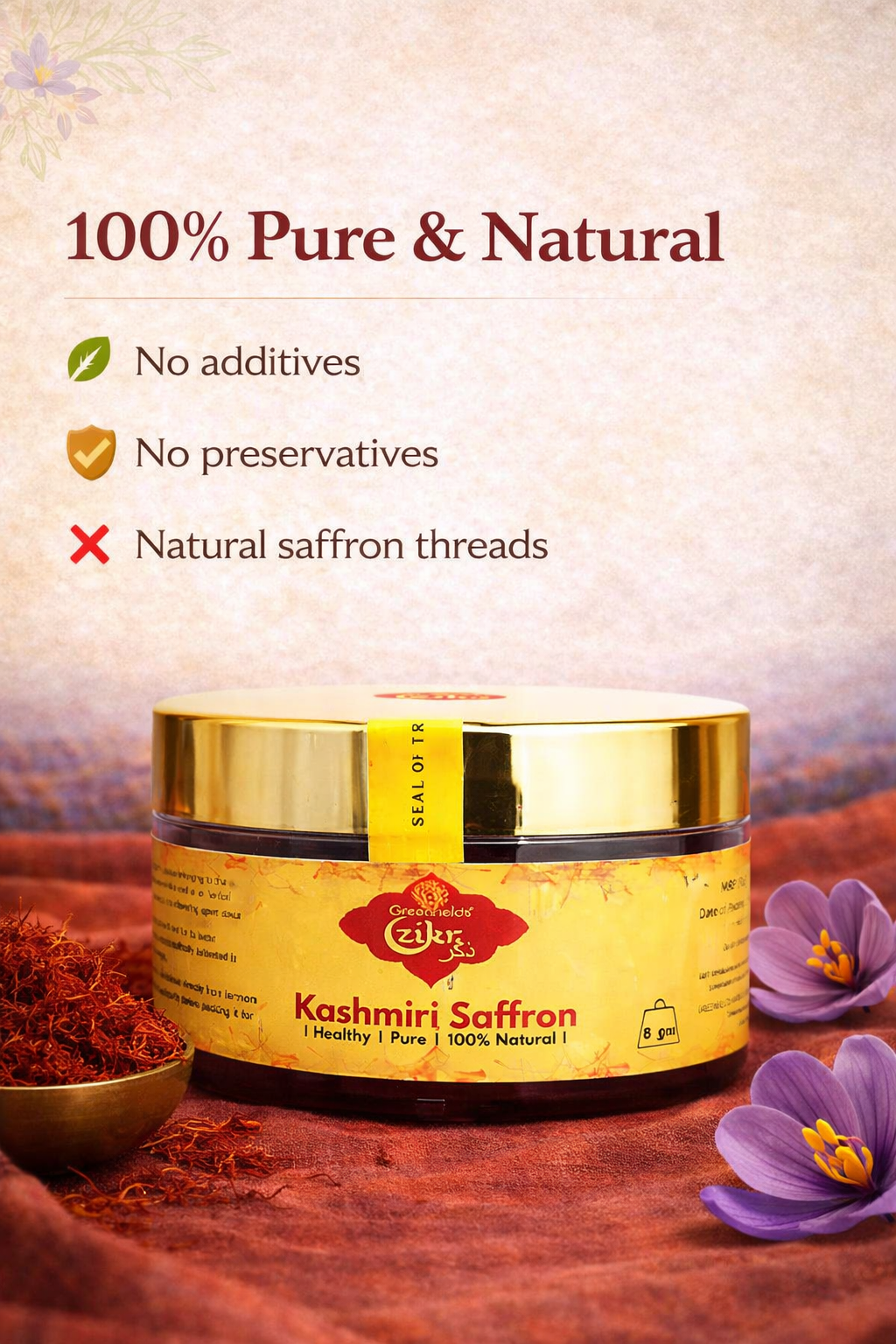 Zikr Kashmiri Saffron, 5gm, Pure and Natural, Premium Grade, Procured and packed in Kashmir