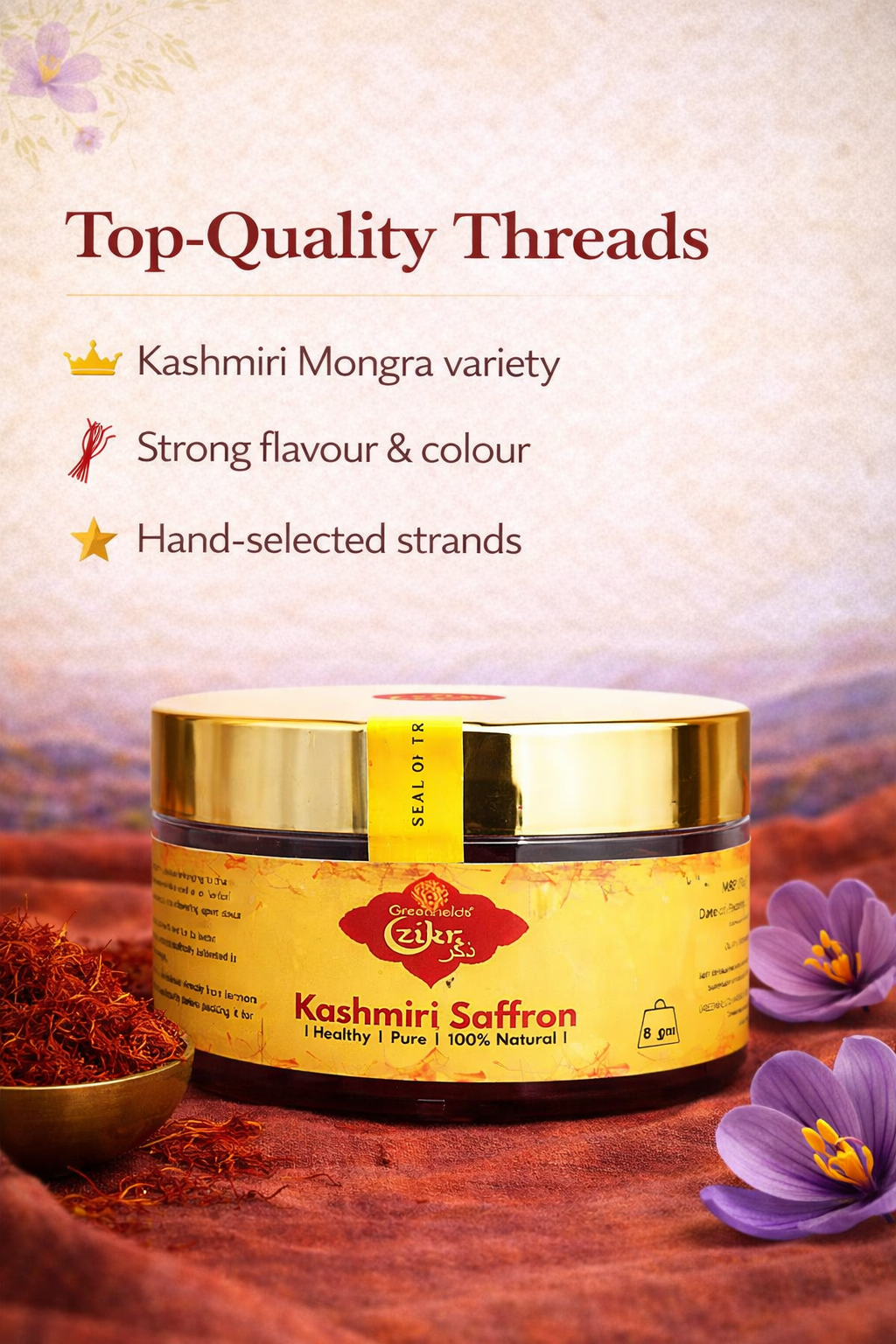 Zikr Kashmiri Saffron, 5gm, Pure and Natural, Premium Grade, Procured and packed in Kashmir