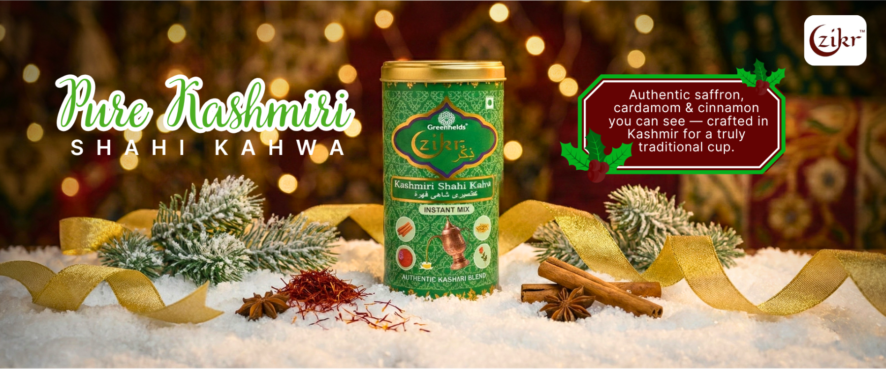 zikr Shahi Kahwa can with saffron, cardamom, and cinnamon on a snowy background with festive lights.